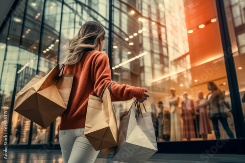 Woman with shopping bags in her hands is looking at shop windows with fashionable clothes