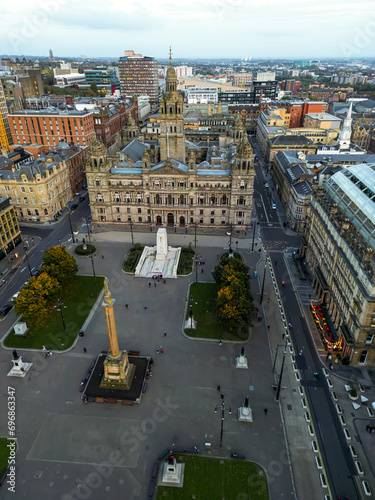 Establishing Aerial View Shot of Glasgow UK, Lanarkshire, Renfrewshire, Scotland United Kingdom, day, beautiful soft light. Aerial - Glasgow City from above.  photo