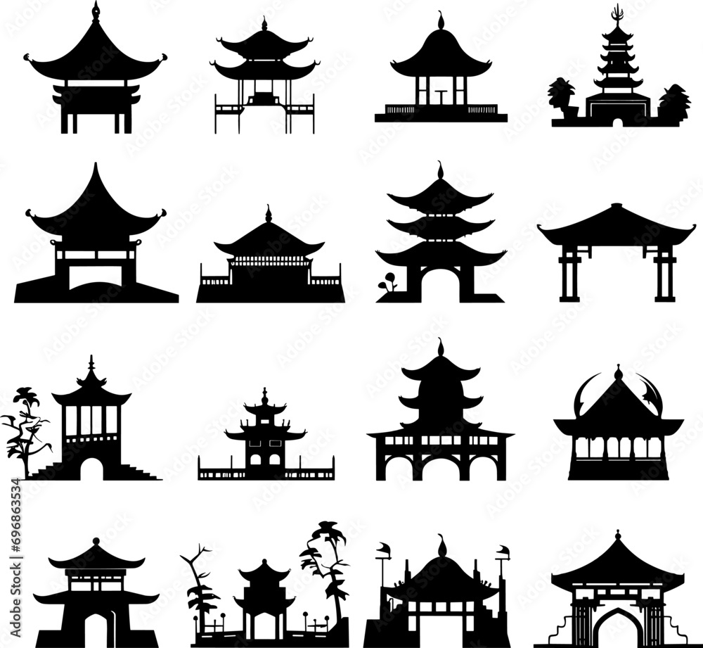 Set of traditional chinese buildings, houses and gates. Chinese architecture in black and white. AI generated illustration.