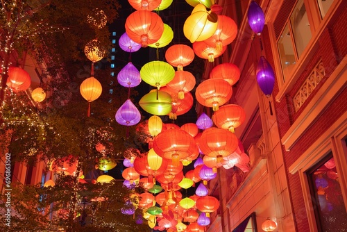 Beautiful Chinese new year red paper latern decoration on modern Hong Kong Street for celebrate the Chinese New Year. Decoration for chinese new year in Hong Kong.  Lunar holiday concept.
