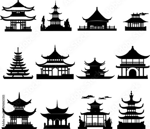 Set of traditional chinese buildings, houses and gates. Chinese architecture in black and white. AI generated illustration.