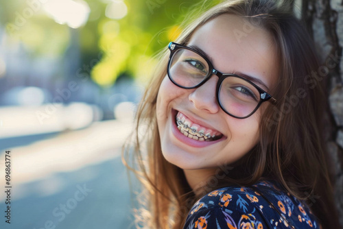 jeune fille adolescente souriante avec un appareil dentaire et des lunettes de vue