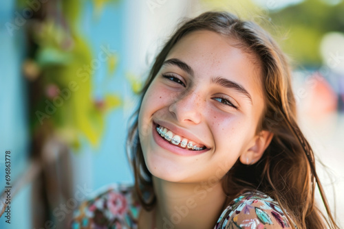 jeune fille adolescente souriante avec un appareil dentaire photo