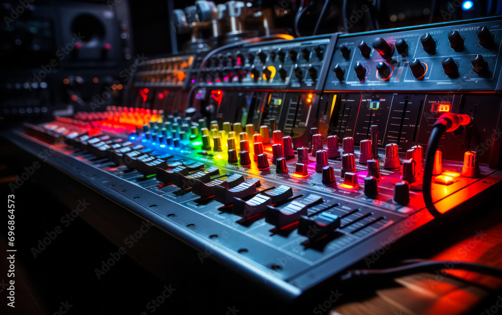 Fototapeta premium Colorful Audio Spectrum Display over Sound Mixer Console in a Dark Recording Studio