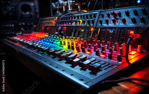 Colorful Audio Spectrum Display over Sound Mixer Console in a Dark Recording Studio