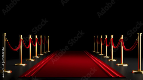 Red carpet and golden barrier isolated on black background photo