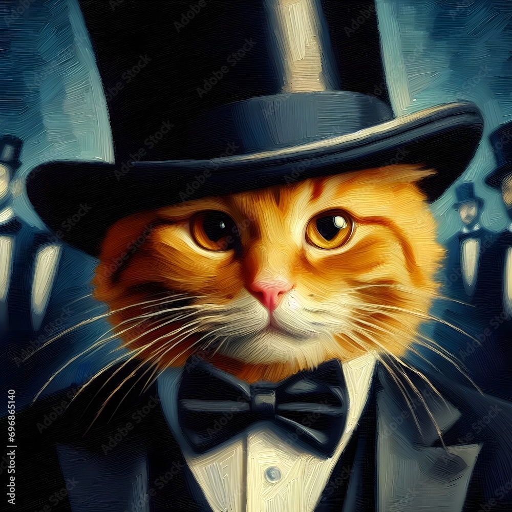 Ginger cat wearing tuxedo suits and black top hat in oil painting art style on abstract grey gradient background