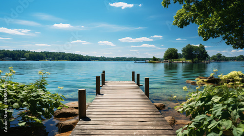 a wooden dock on a calm lake with trees in the background.