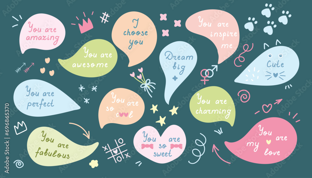Set of speech bubbles with compliment hand written doodle phrases, self love quotes.  Vector illustration