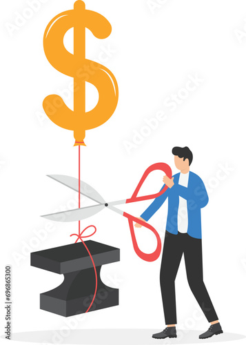 Hand holding scissors cutting a rope with an anvil on one side and balloon with word PRICES on other. Inflation and crisis concept. Vector illustration.

