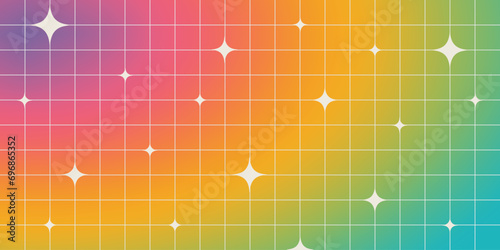 Y2K blurry rainbow gradient background with linear grid and star shapes. Cool banner template in 2000s aesthetic. Trendy minimalist vector design in brutalism style