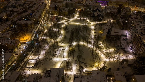 Drone photography of a park in a city during winter night