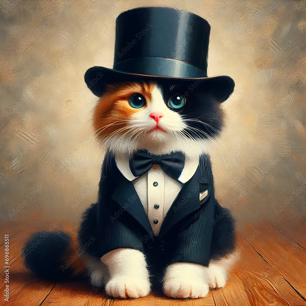 Cute calico cat wearing tuxedo suits and black top hat in oil painting art style on abstract background