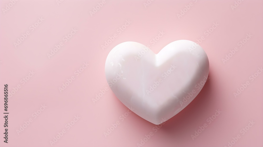 Top View of a White Stone Heart on a blush Background. Romantic Template with Copy Space