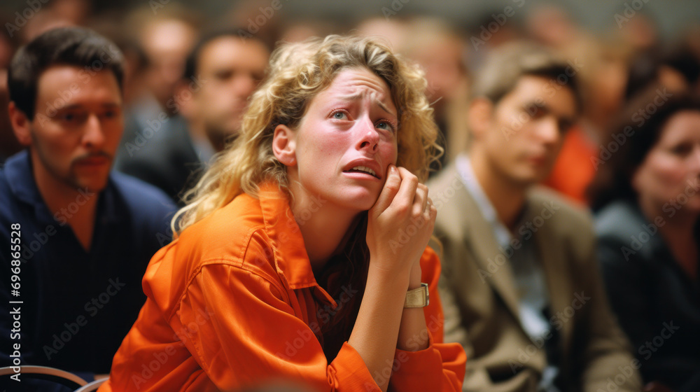 Female prisoner wearing orange jumpsuit crying in the courtroom after hearing the jurys verdict - obrazy, fototapety, plakaty 