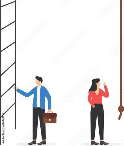 Male manager going to climb a ladder. Meanwhile, the female manager has just a rope instead of stairs. Gender gap and career problems concept. Vector illustration.


