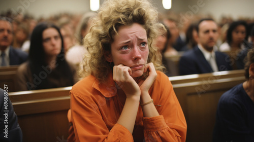 Fotografia Female prisoner wearing orange jumpsuit crying in the courtroom after hearing th