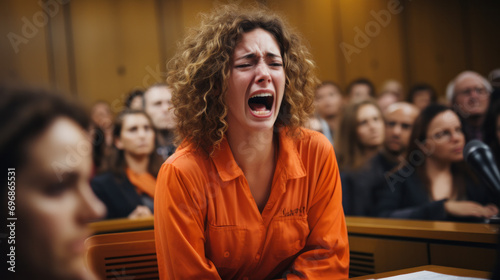 Female prisoner wearing orange jumpsuit crying in the courtroom after hearing the jurys verdict