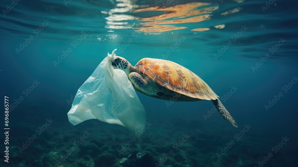 Plastic pollution in ocean problem. Sea Turtle eats plastic bag,A ...