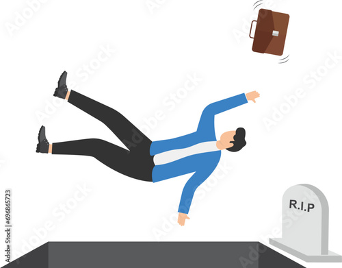 Man falling into the tomb. Death and crisis concept. Vector illustration.

