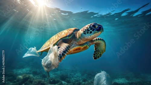 Plastic pollution in ocean problem. Sea Turtle eats plastic bag,A turtle trapped in a plastic bag in the ocean. © suthiwan