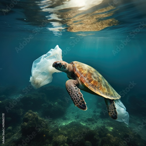 Plastic pollution in ocean problem. Sea Turtle eats plastic bag,A turtle trapped in a plastic bag in the ocean.