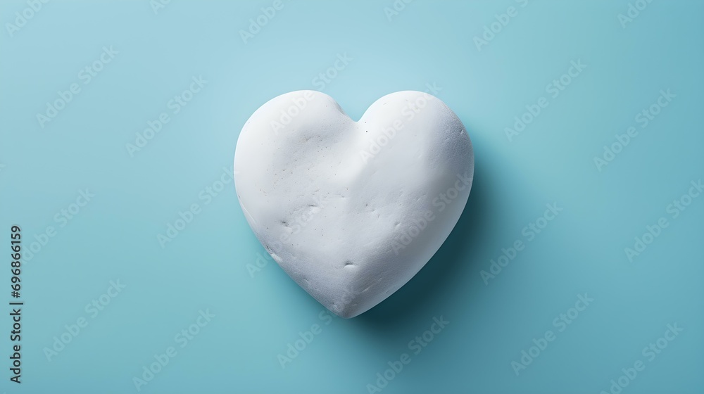 Top View of a White Stone Heart on a cyan Background. Romantic Template with Copy Space