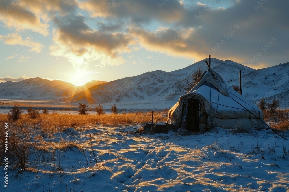 Nestled in the snow-covered Mongolian steppe, the winter yurt stands resilient, a testament to nomadic life. Its cozy interior shelters against the chilly winds