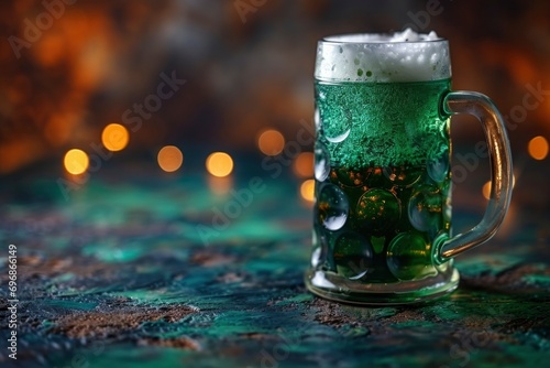 Frothy green beer fills the mug, a spirited celebration of St. Patrick's Day, set against a festive green background, a minimalistic and lively portrayal of this Irish-themed holiday. 