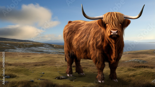 Highland Cow on Islay. Frontal view of Highland cow. AI Generative
