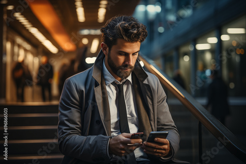 someone sitting on a staircase in an urban setting, using their smartphone for an online job interview, with a cinematic style, blurry background