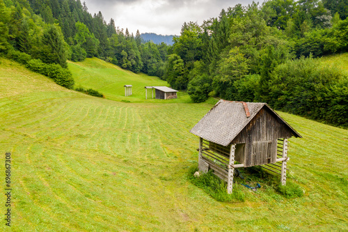 A traditional hayloft in a green meadow in triglav national park, Slovenia photo
