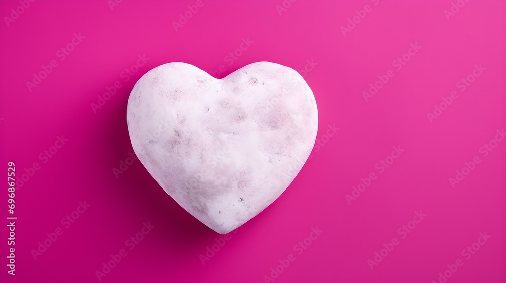 Top View of a White Stone Heart on a fuchsia Background. Romantic Template with Copy Space