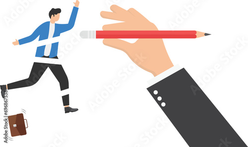 Hand holding pencil erasing an employee. Dismissal of bankruptcy concept. Vector illustration.


