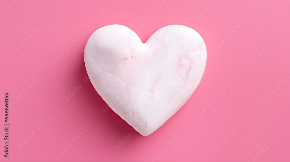 Top View of a White Stone Heart on a hot pink Background. Romantic Template with Copy Space