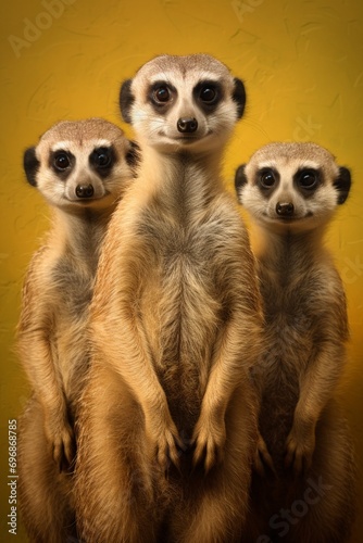 Curious meerkats in a studio portrait, standing tall, their tiny paws raised, expressions alert, all against a vivid solid backdrop.