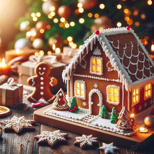 Xtmas style gingerbread house. AI generated illustration photo