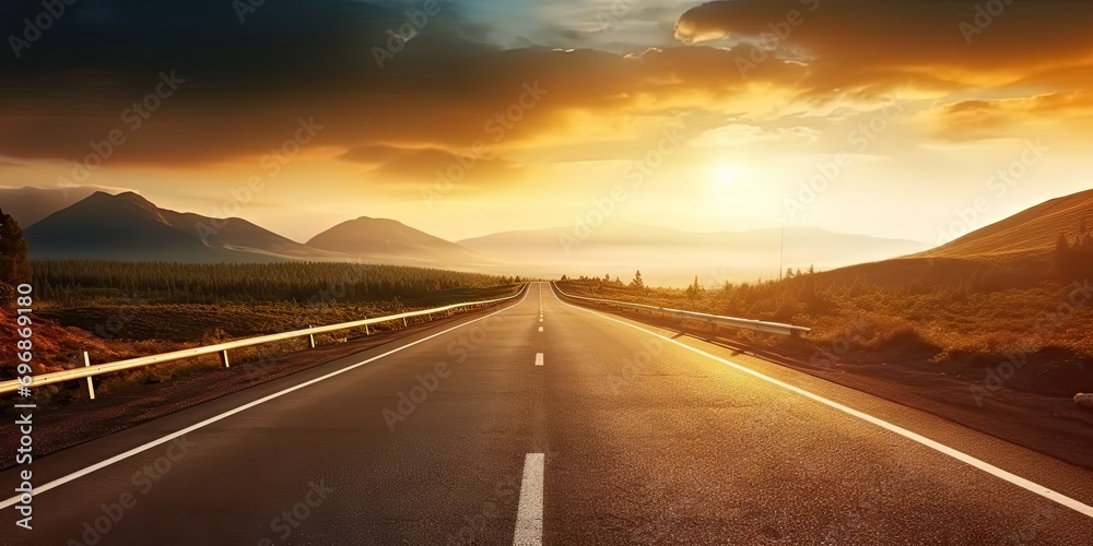 Fototapeta premium Journey through captivating landscape road stretches endlessly toward horizon. Sun bids farewell on highway of sky breathtaking sunset unfolds. Travel concept