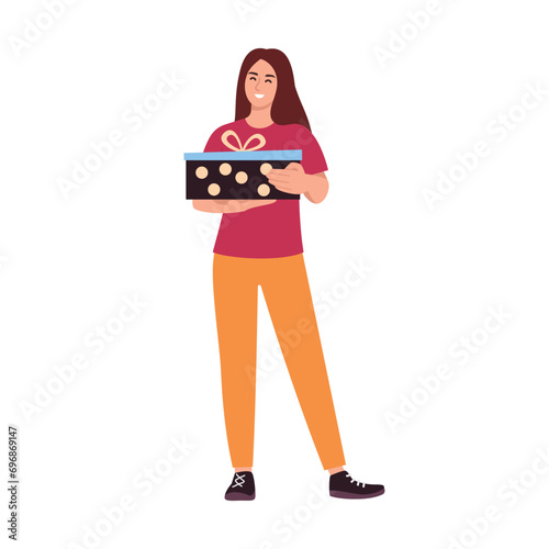 happy girl holding a gift. Vector flat illustration of man with gift