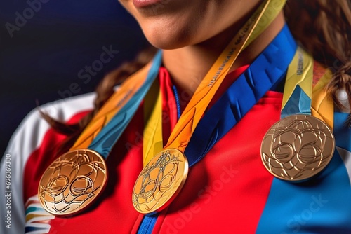 Close-up of a female athlete with gold, silver and bronze medals. photo