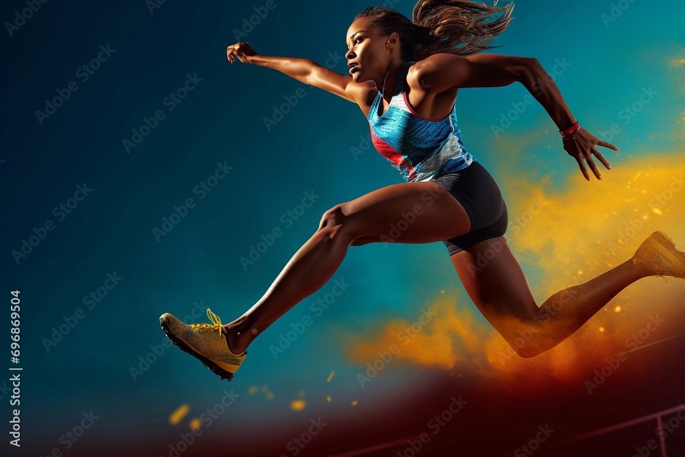 Image of a young African American female athlete running in a stadium on a blue background. Athletics. Summer Olympic Games.
