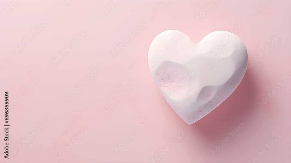 Top View of a White Stone Heart on a light pink Background. Romantic Template with Copy Space