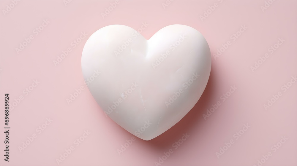 Top View of a White Stone Heart on a light pink Background. Romantic Template with Copy Space