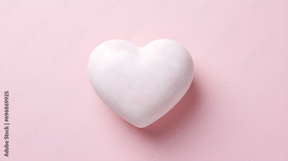 Top View of a White Stone Heart on a light pink Background. Romantic Template with Copy Space