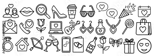 Love, Valentine's day, dating, romance big set of icons, doodles on a white background. Vector illustration