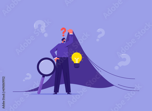 Businessman look behind cover look for business idea solution, confused male feel frustrated doubtful search for innovative information, innovation, problem solving concept