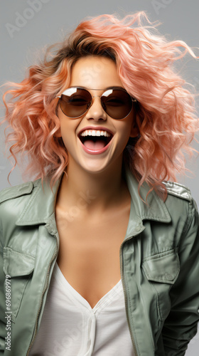 Happy young woman having fun with sunglasses in a studio