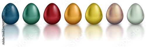 Glossy metallic egg set. Golden, silver, blue, red, green, red, orange, yellow, white color reflect paint collection. PNG illustration isolated on transparent background