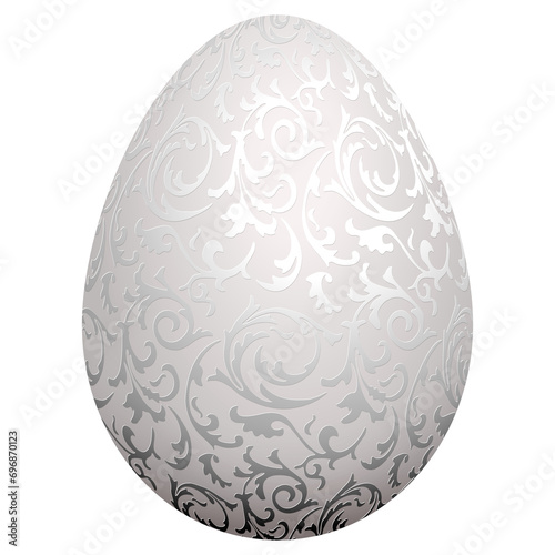 White natural color realistic egg with silver metallic floral pattern, PNG isolated on transparent background. Vintage card, poster for Easter, business benefit concept