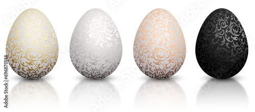 White natural color Easter egg PNG set with metallic floral pattern. isolated on transparent background. Golden, bronze, silver and black color